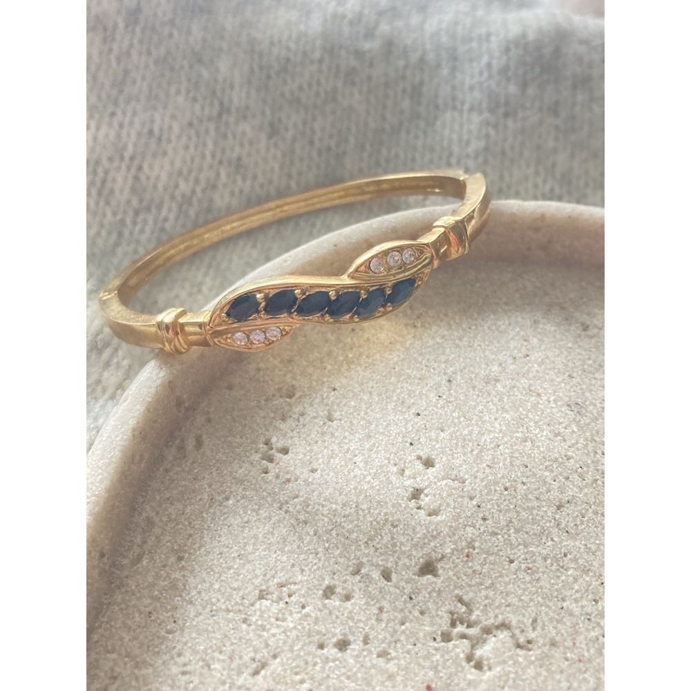 Gold Tone Hinged Bangle Bracelet Black Navette Stones Clear Rhinestone‎ Glam